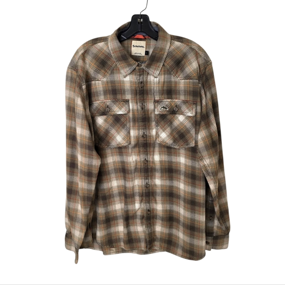 Simms Santee Brown Plaid Flannel LS Men's Large Outdoor Fishing Cabincore
